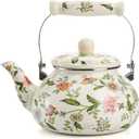 Jucoan 2.6 Quart Vintage Enamel Tea Kettle, Green Floral Enamel on Steel Teapot with Cool Touch Porcelain Handle for Stovetop Home Kitchen Decor, Gift for Housewarming Christmas New Year (Silver)