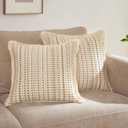 2 x Embroidered Throw Pillow Cover Set of 2, Spring Summer Boho Farmhouse Decorative Pillow Case with Tassels, Textured Cushion Cases for Sofa Living Room Home Decor (Beige, 18" x 18")