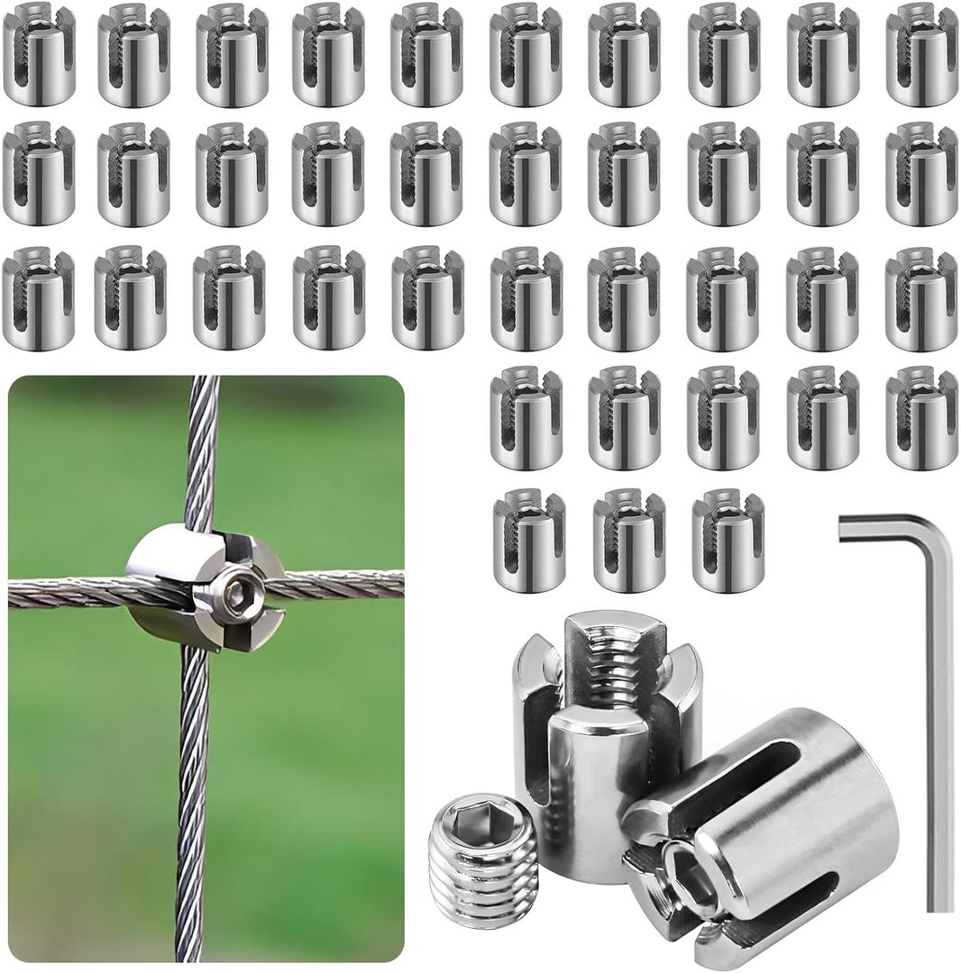 40pcs 1/8" Cable Cross Clamps, T316 Stainless Steel Cross Cable Clamps for 3mm Wire Rope or Rod Fittings, No Drilling Clips for Wire Trellis Kits (Heavy Duty)