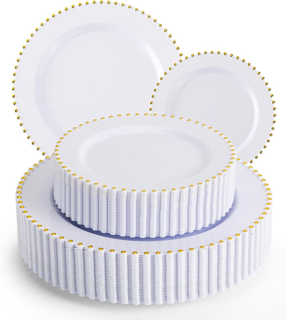 EI 60pcs White Plastic Plates with Gold Rim,Heavy Duty 10" Dinner & 7" Dessert Plate Disposable,White and Gold Plate for Party,Wedding,Birthday,Afternoon Tea,Spring,Mother's Day,Valentine's Day
