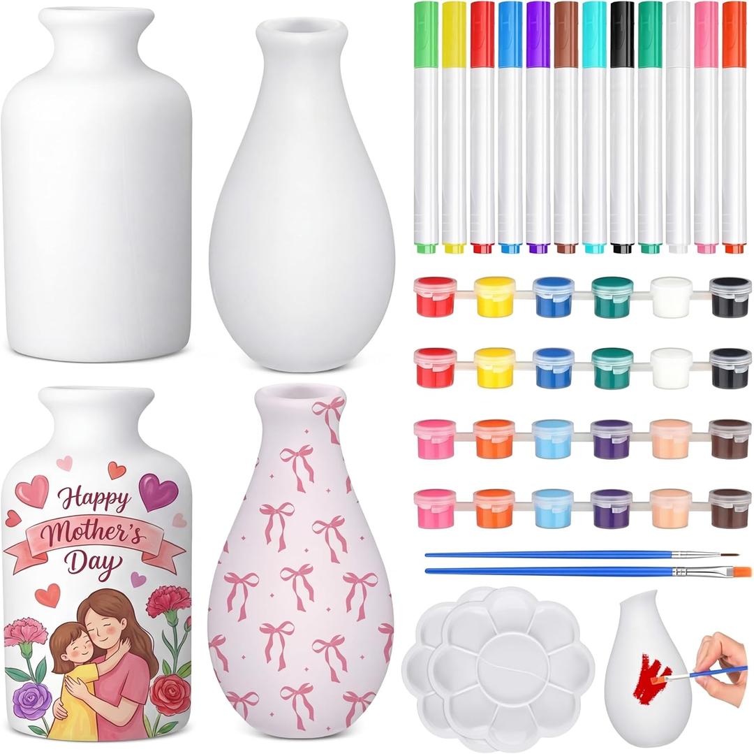 Singhoow 4 Set Mother's Day Paint Your Own Porcelain Paint Vase Art Project White Ceramic Painting Kit for Adults Porcelain Vase Decorating Kit Holiday Supplies DIY(Charming)