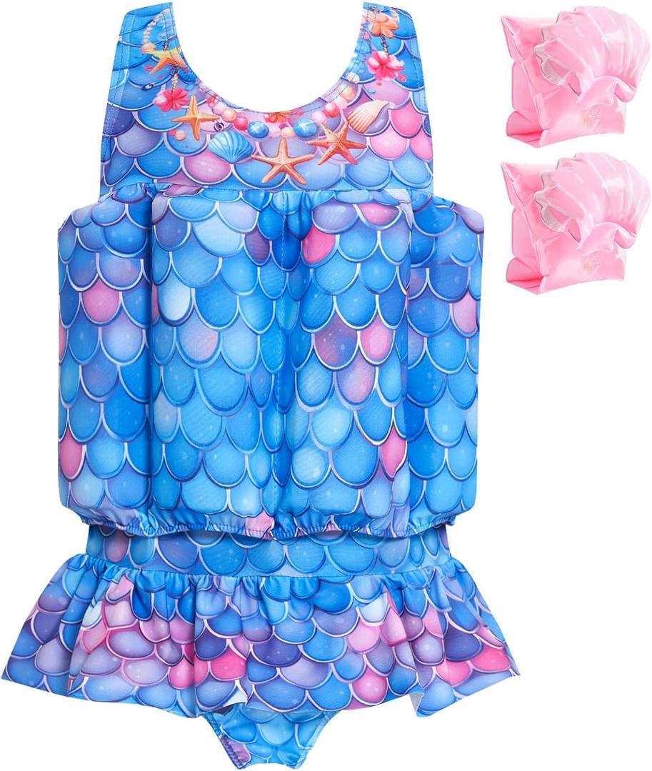 Baby Girls Swimsuit with Floatation Toddler One Piece Swimsuits Kids Swim Vest Swimwear Float Suit (3-4T, Blue Purple)