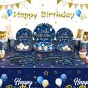 Capoda Birthday Party Supplies Happy Birthday Tableware Set Confetti Starry Tablecloth Plates Cups Napkins Dinnerware for Kids Adults Party Supplies Decor(Navy Blue and Gold)