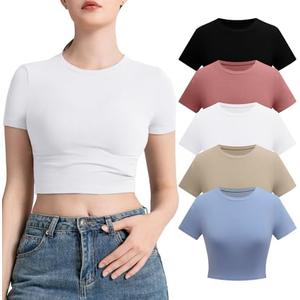 INIBUD Crop Tops for Women 5 Pack Cropped Tshirt Short Sleeve Crew Neck Summer Slim Fitted Tight Basic Y2K Baby Tee XL