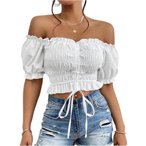 SweatyRocks Women's Y2k Off The Shoulder Crop Tops Ruched Ruffle Strapless Tube Top Streetwear (Medium, White)
