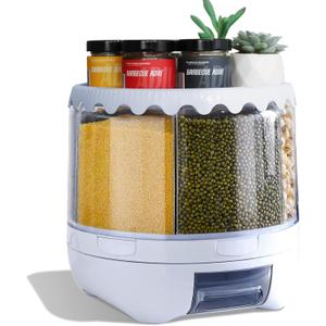 Grain Dispenser, 360 Rotating Storage Container, 6 Grid Food Dispenser with Storage Sealed Lid, Rice Dispenser for Kitchen Grains, Beans, Rice