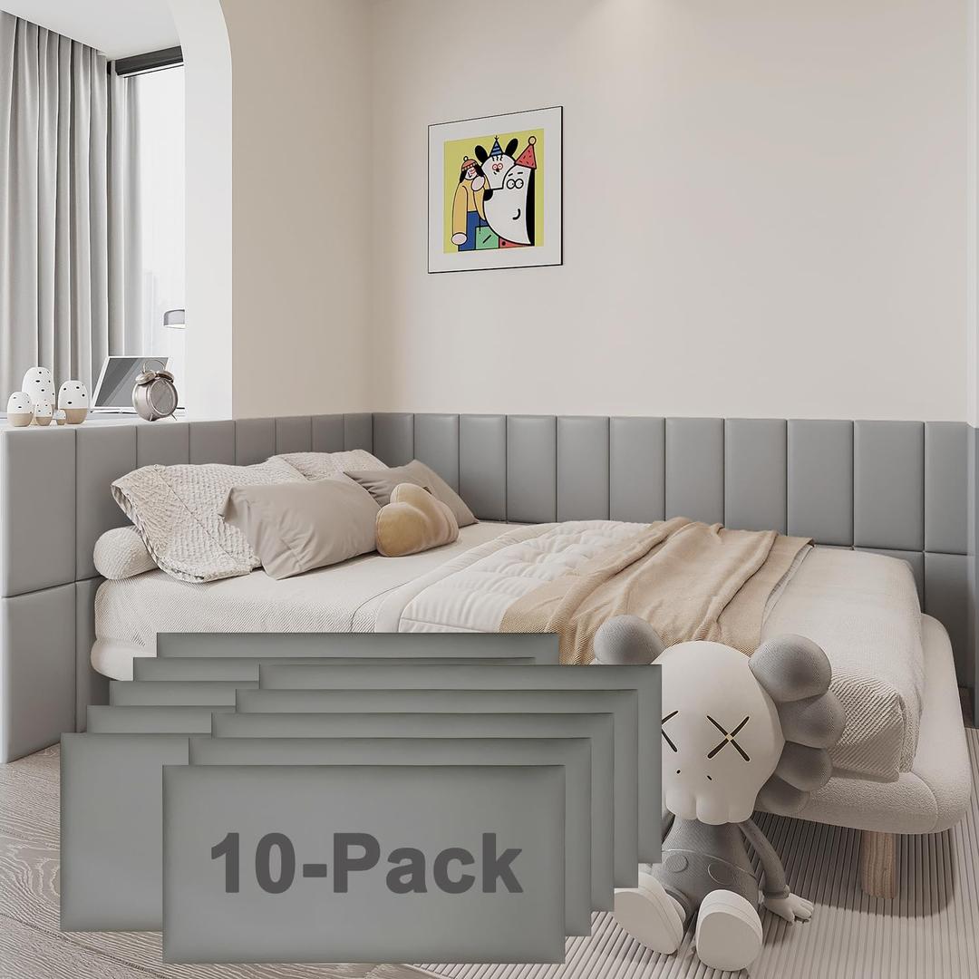 3D Anti-Collision Wall Padding for Kids Self-Adhesive 10PCS Grey headboard Panels for Wall Peel and Stick headboard (Gray)