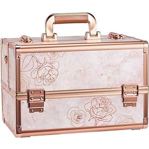 Joligrace Makeup Train Case Professional Cosmetic Organizer Aluminum Storage Box with 4 Adjustable Dividers Trays Lockable Portable with Shoulder Strap, Marble Flower