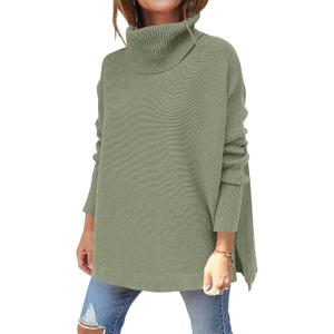 ANRABESS Women's Oversized Turtleneck Batwing Sleeve Spilt Casual Loose Knit Tunic Pullover Sweater Tops 2025 Fall Outfits (Gray, XS)