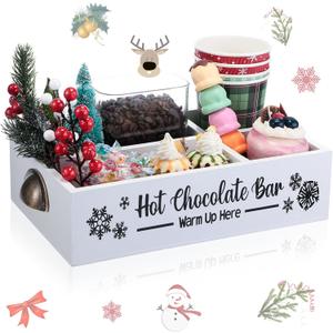 Soaoo Christmas Hot Cocoa Bar Coffee Station Organizer Decorative Wood Storage Box with Handle Coffee Organizer Pod Holder for Countertop Decorative Xmas Storage Bins Bar Accessories(White)