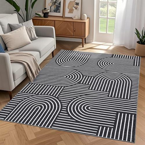 ROYHOME Washable Rug 3x5 Area Rugs for Living Room, Abstract Rug for Bedroom, Soft Rainbow Non Slip Throw Rugs with Rubber Back, Low Pile Stain Resistant Boho Geometric Carpet for Dining Room, Black
