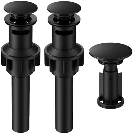 Bathroom Sink Drain with Overflow, Universal Bathroom Sink Stopper for Bathroom Vanity Vessel Sink, Rapid Draining Plastic Pop-up Sink Drain with Hair Catcher Anti-Clog Strainer, 2 Pack, Matte Black