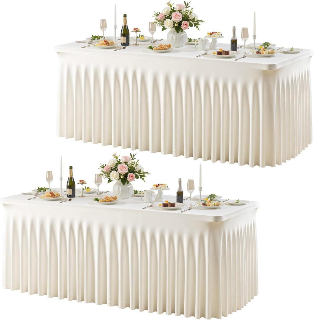 Besutolife Ivory Spandex Tablecloth for 6ft Rectangle Tables 2 Packs- Wrinkle-Resistant, Stretchable, Machine Washable - Perfect for Weddings Banquets Birthday Parties Events