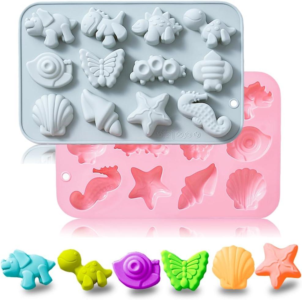 2 Pack Silicone Chocolate Molds with Animal Insect Marine Theme Dinosaur Butterfly Seashell Starfish Handmade Soap Mold Gummy Ice Cube Crayon Pastry Baking Tools for Cookie Chocolate Cake Dcor