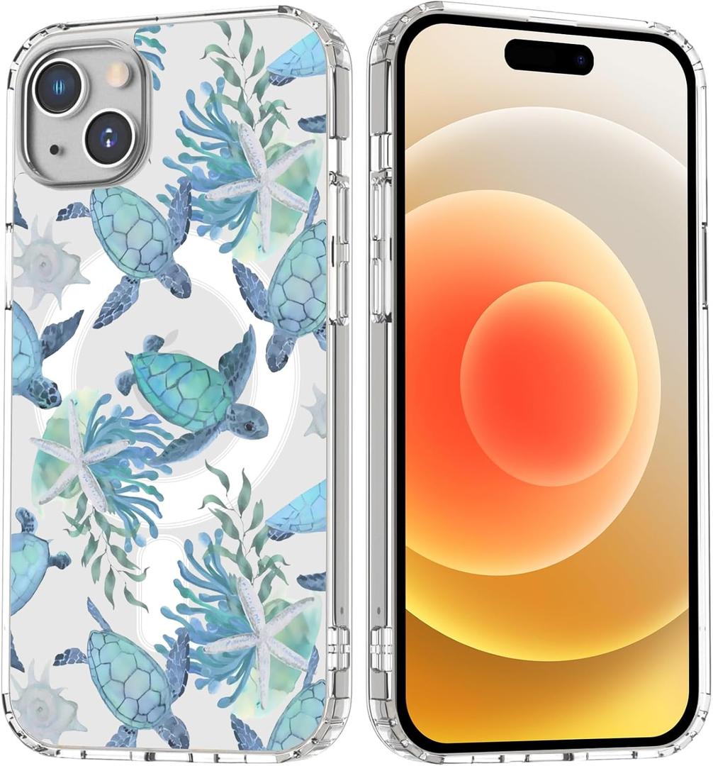 Sea Turtle Magnetic Case for iPhone 15 Pro Max with MagSafe Wireless Charging Clear Cute Sea Star Painting Girls Woman Soft Slim TPU Anti-Scratch Shockproof Protective Case