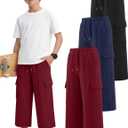 3 Pack Boys Capri Pants Drawstring Elastic Waisted Teens Cargo Joggers Pull on Casual Sweatpants with Pockets