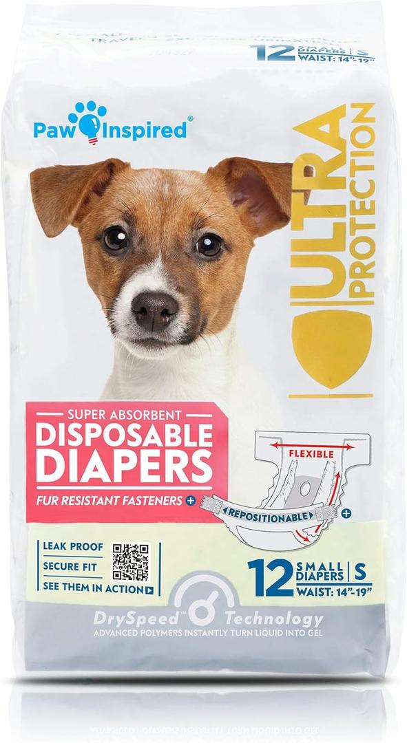 Paw Inspired Disposable Dog Diapers | Female Dog Diapers Ultra Protection | Diapers for Dogs in Heat, Excitable Urination, or Incontinence (12 Count, Small)