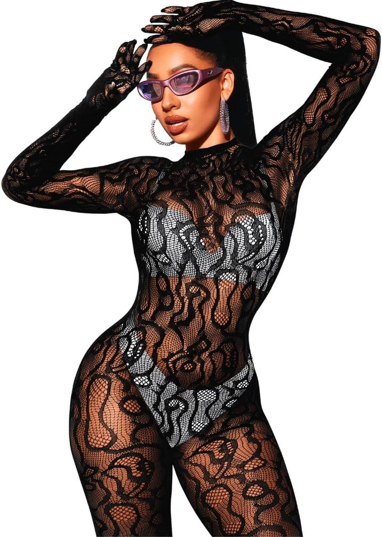 Women Sexy Fishnet Full Bodysuit, Mesh Lace Poster Jumpsuit Glow Party Rave Outfits, Body Stockings Halloween Costume (Black) Women Sexy Fishnet Full Bodysuit, Mesh Lace Poster Jumpsuit Glow Party Rave Outfits, Body Stockings Halloween Costume (Black)