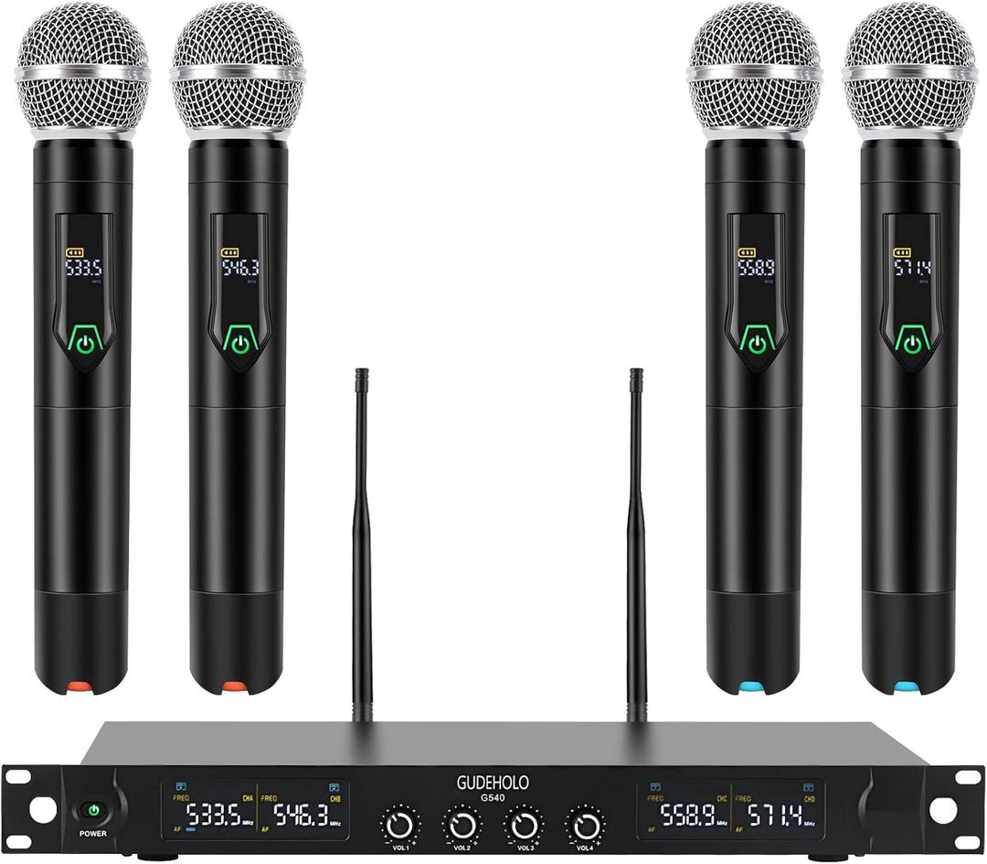 4-Channel Wireless Microphone System, Quad UHF Metal Cordless Mic, 4x25 Channels, Professional Cordless Mic System for Church, DJ, Karaoke,Wedding, Home KTV Set