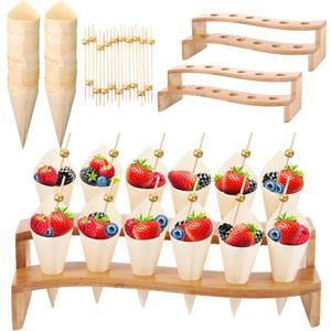 Queekay 100 Disposable Wood Cones for Food with 2 Pcs 12 Holes Charcuterie Cones Holder Stand Ice Cream Cone Display Stand 100 Fancy Toothpicks for Appetizers Catered Events Wedding Buffets Parties