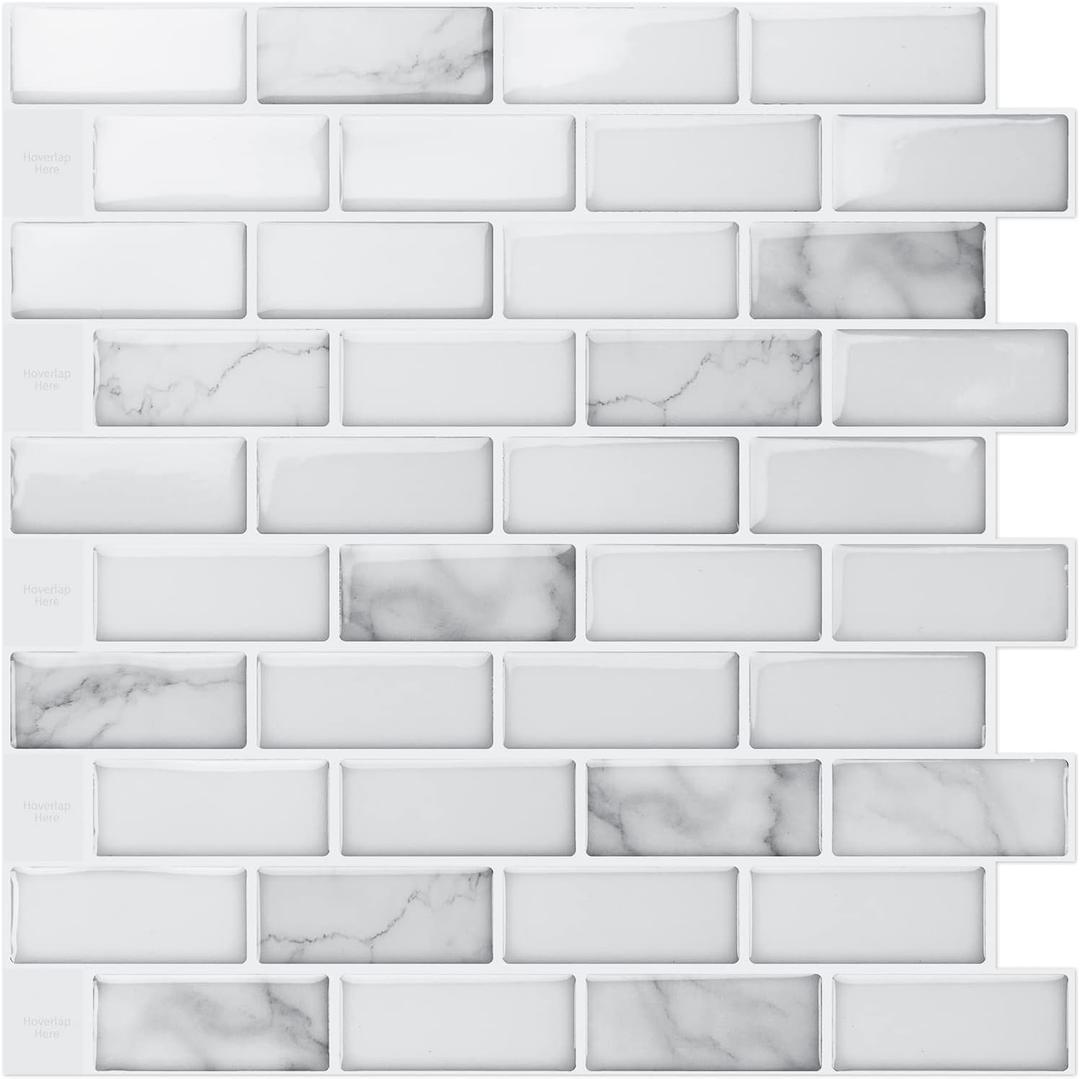 Art3d 10-Piece Peel and Stick Backsplash Tile, 12" X 12" Self-Adhesive Tile Sticker (10 Tiles) (White)