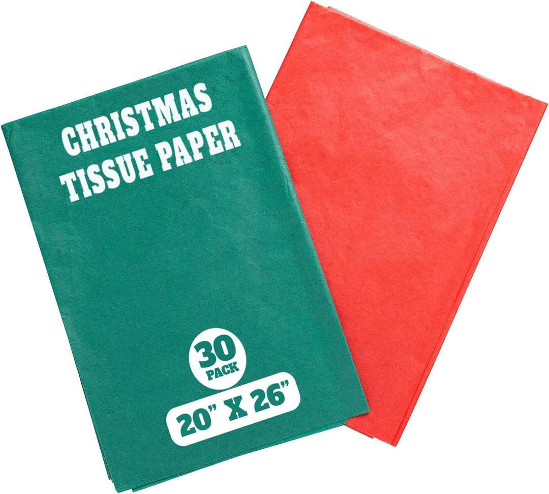 Christmas Tissue Paper - 30 Sheets of Red and Green Tissue Paper (20x26 inch) for Gift Bags, Wrapping, Crafts | Christmas Wrapping Essentials