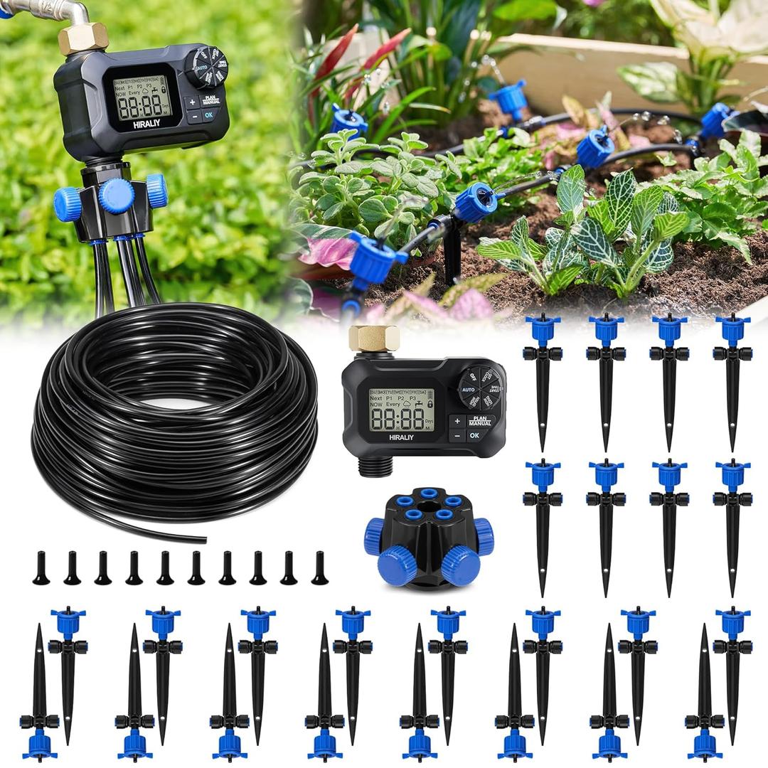 HIRALIY 100FT Pressure Compensating Irrigation System with Garden Timer, New Quick Connector Garden Watering System, Irrigation Kit for Plants, Watering Regularly by Timer