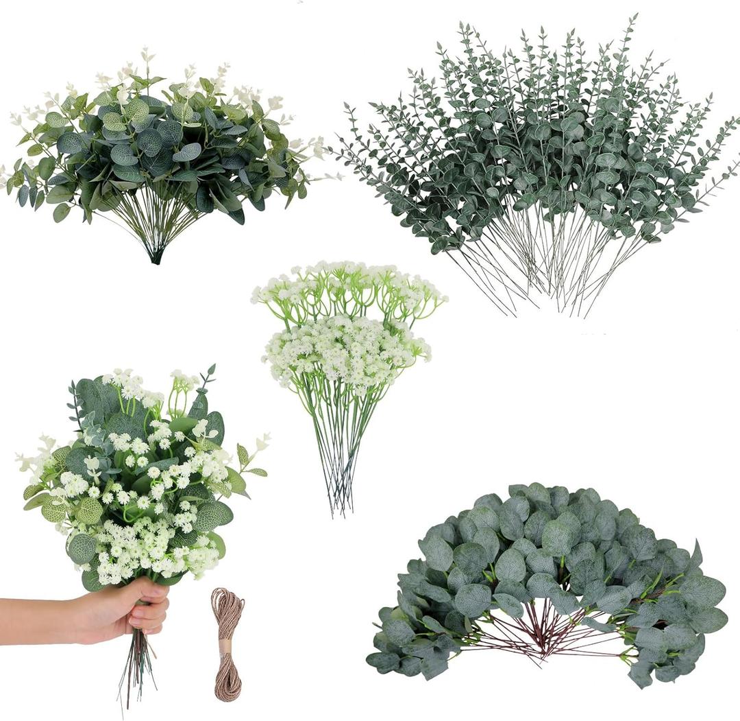 Kusamue 200 Pcs 4 Kinds Artificial Eucalyptus Stems, Mixed Faux Greenery Stems Fake Silver Dollar Eucalyptus Leaves Stems Bulk Babys Breath for DIY Bouquet Centerpieces
