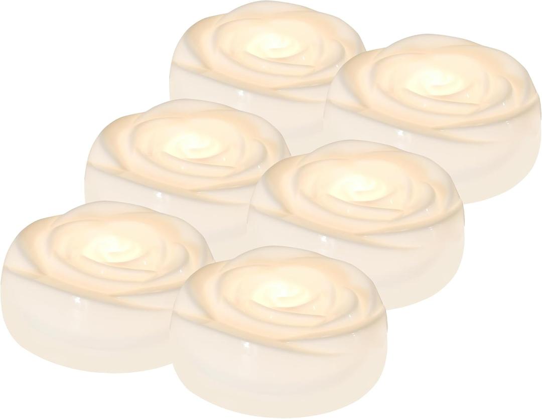 Aignis 6pcs Flameless LED Floating Candles, White Rose Plastic Tealights Battery Operated, 120+ Hours Glow Time, Cozy Light for Romantic Pool/Bathtub/Hot Bath/Wedding Centerpiece Decor(D2.83*H1.42)