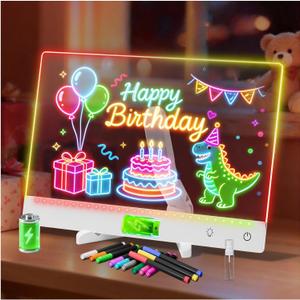Rechargeable Lumi LED Drawing Board with 12 Markers,13.7"x10"LED Note Board Acrylic Dry Erase Board with 7 Colors Light, Doodle Glow Message Board for Birthday Halloween Christmas Gifts(White)