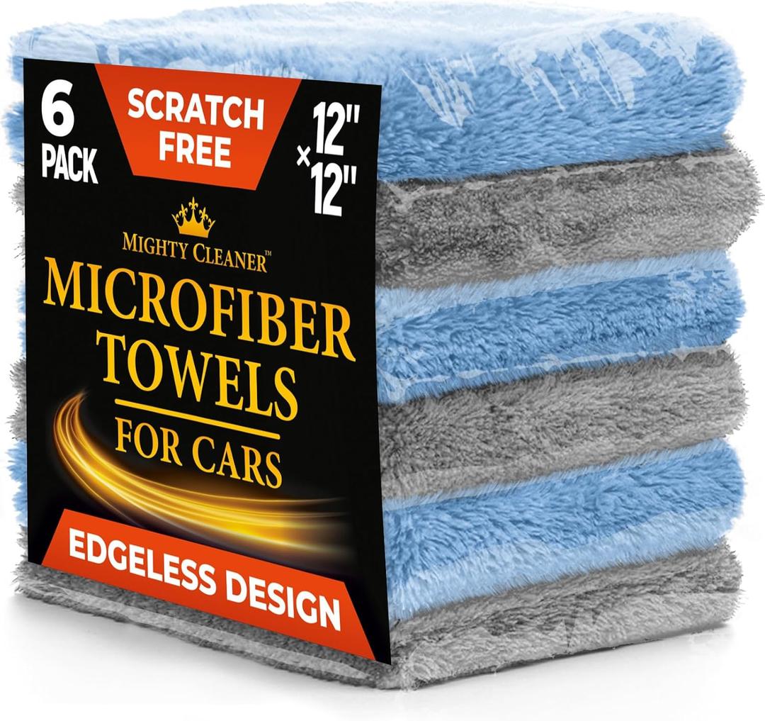 Super Soft Microfiber Towels for Cars - Edgeless - 6pk (12x12) - Premium Scratch-Free Towel - Great for Drying, Detailing, Polishing, Buffing - Ultra Absorbent Microfiber Cleaning Cloths for Car (Gray and Blue)