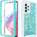 TJS Compatible for Samsung Galaxy A53 5G Case, with [Built-in Screen Protector], Full-Body Drop Protector Cover Glitter Bling Cute Girls Women Design Hybrid Phone Case (Teal)