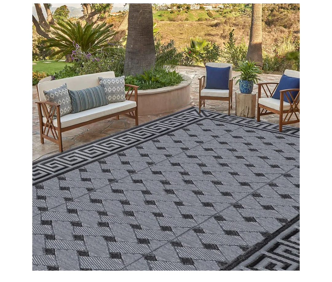 SAND MINE Reversible Mats, Plastic Straw Rug, Modern Area Rug, Large Floor Mat and Rug for Outdoors, RV, Patio, Backyard, Deck, Picnic, Beach, Trailer, Camping (9' x 18', Black & Grey)