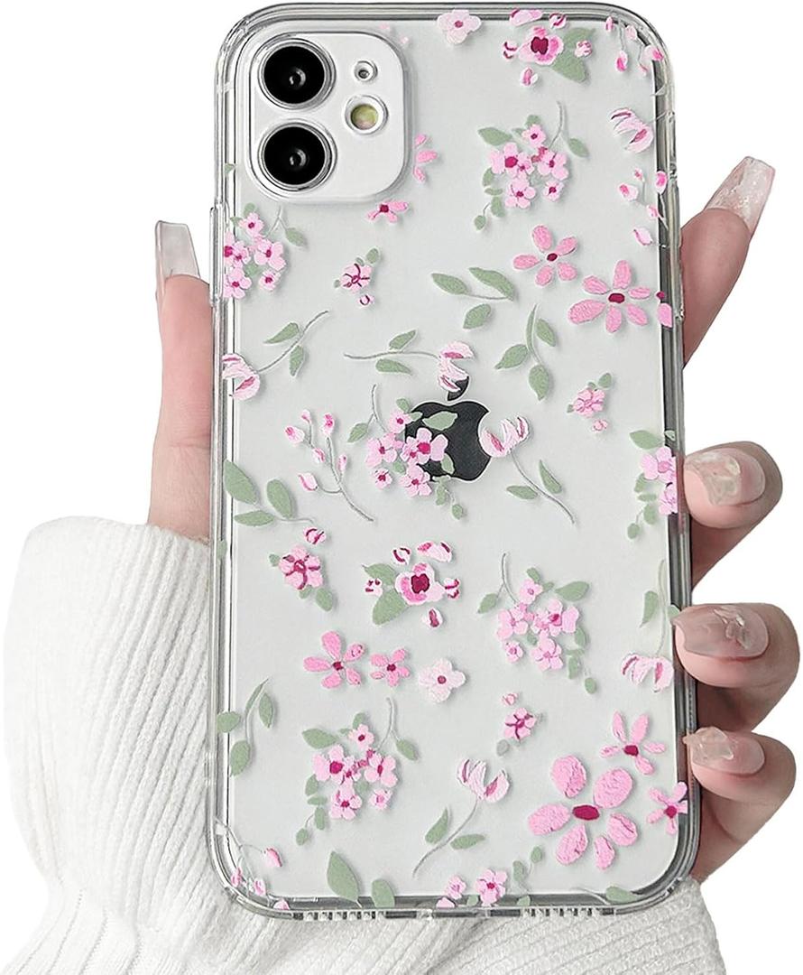 2 x Lovmooful Compatible for iPhone 11 Case Cute Clear Flower Floral Leaf with Aesthetic Design for Girls Women Soft TPU Shockproof More Protective Girly for iPhone 11 Case-Pink Flower