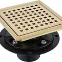 4 Inch Square Shower Floor Drain, Stainless Steel Black Shower Drain Kit with Flange, Floor Drain with Removable Grid Cover,Brushed Gold