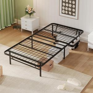Foldable Twin Bed Frame Metal Platform Bed Frame Underbed Storage 14 Inches High No Box Spring Needed Black Sturdy Steel (Mesh Grates)