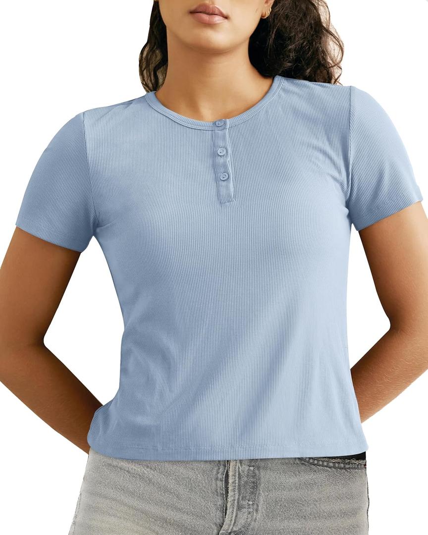 BAMBOO COOL Womens Henley T Shirts Short Sleeve Slim-Fit Tees Tops for Women Trendy Fashion Blouse (Large, Blue)