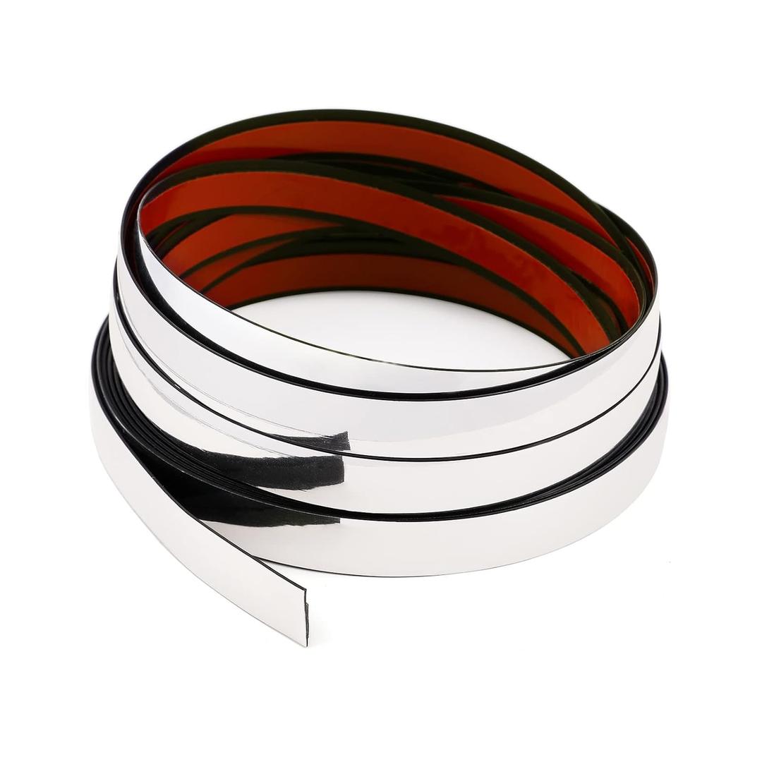 Metallic Silver Molding Trim Flexible PVC Decorative Mirror Border Tape Self Adhesive Vibrant Mirror Like Shiny Decorative Trim for Table, Wall, Mirror, Door, Wardrobe (1/2 in X 16.4 FT, Silver)