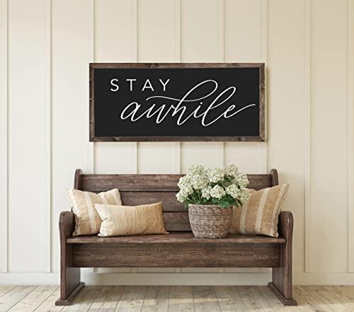 Bechivie Stay Awhile Sign, 24.8×12.6 Inches Wooden Guest Room Wall Decor, Rustic Home Living Room Bedroom Above Bed Wall Art