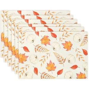 U'Artlines Fall Placemats Set of 6, Thanksgiving White Pumpkins Maple Leaves Place Mats 12x18 Inch Autumn Harvest Farmhouse Table Mats for Home Holiday Party Dining Table Decor