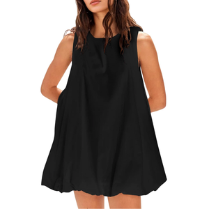 Women Summer Sleeveless Bubble Mini Dress Keyhole Tie Back Short Sun Dress Casual Sundresses with Pockets Medium