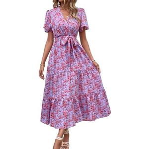 MASCOMODA Womens Summer Boho Maxi Dress Floral Wrap V Neck Flutter Short Sleeve Tie Waist A Line Tiered Flowy Long Dresses(Purple and Red, X-Large)