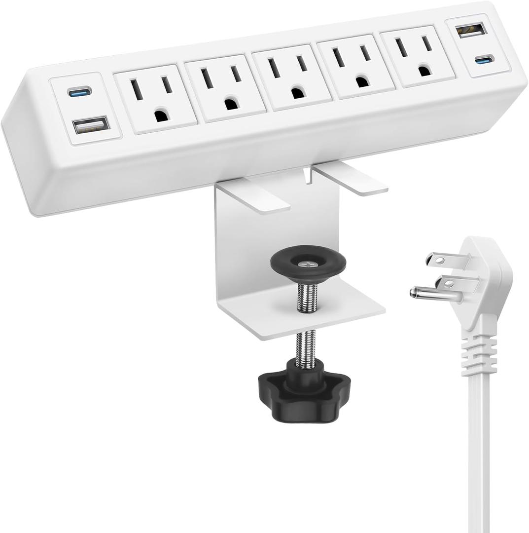 40W Total Fast Charging Desk Clamp Power Strip USB C,Desk Outlet with 4 USB Ports Max 20W Power Delivery,1200J Surge Protector Desktop Power Station,6FT Cord,Fit 1.65" Tabletop Edge (White)