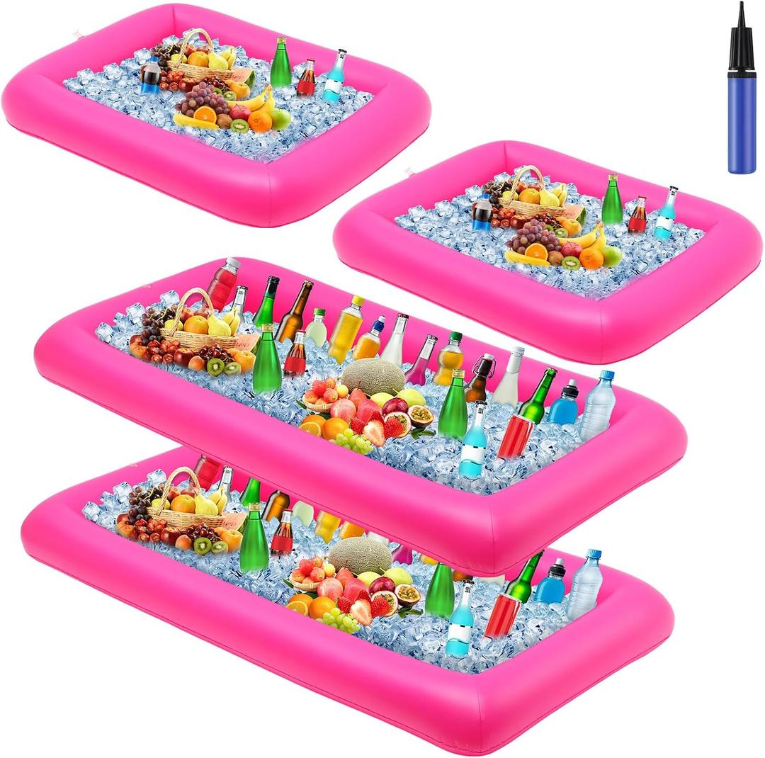 Leitee 4 Pcs Inflatable Ice Serving Bars Buffet Serving Tray Drink Cooler for Pool Party Inflatable Ice Tray Floating Food Drink Containers with Drain Plug and a Hand Pump, 2 Sizes (Pink)