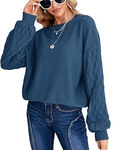 Miessial Women's Oversized Chunky Cable Knit Sweater Lantern Sleeve Pullover Sweaters Fall Winter Crew Neck Loose Jumper Top (Small Blue)