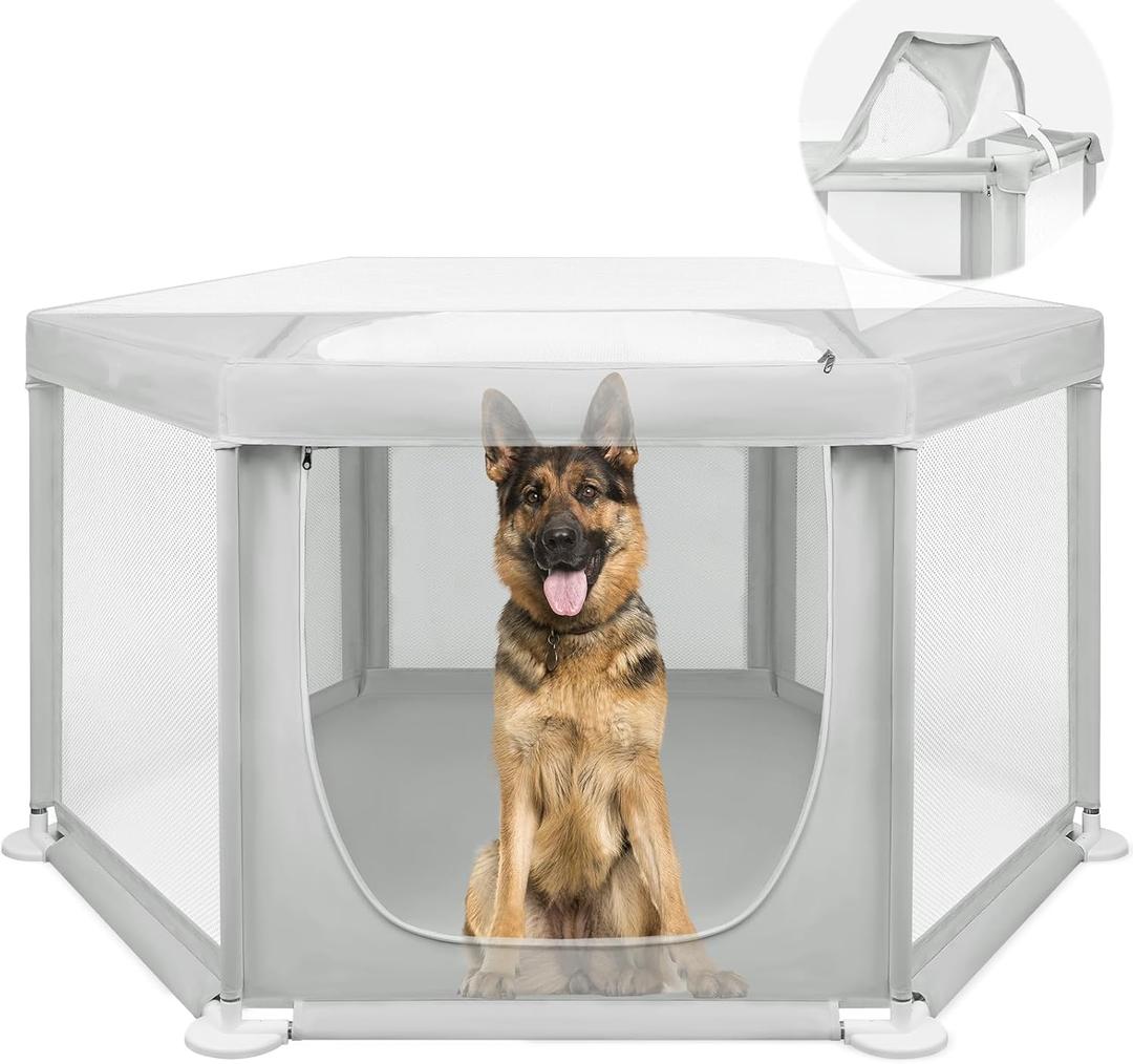 69.3"x69.3"x34.65" Extra Large Dog Playpen Indoor, Tall Puppy Playpen with Removable Roof, Sturdy Fabric Dog Pen for Medium to Large Pets, Spacious Hexagonal Pet Playpen Indoor for Comfort & Security