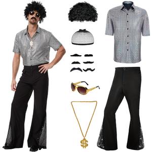 70s Disco Outfit Costume for Men, Include Shirt Bell Bottom Pants Wig Sunglasses Necklace Wig Cap, for Disco Party Large