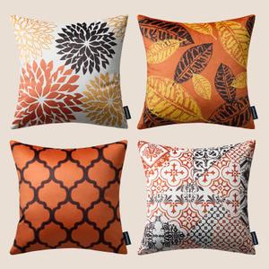 Phantoscope Set of 4 New Living Series Halloween Velvet Pillows Leaf Geometric Throw Decorative Fall Velvet Pillow Cover Cushion Cover, Orange and Black 18 x 18 inches 45 x 45 cm