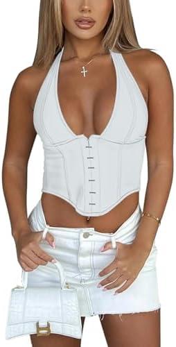 REORIA Women's Summer Sexy Halter V Neck Sleeveless Backless Trendy Y2k Going Out Corset Tank Crop Tops Size M