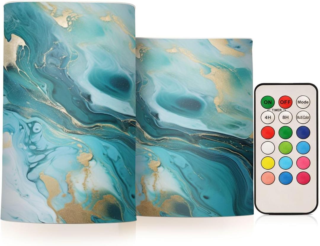 Flickering Flameless Candles, Turquoise Blue Marble Texture LED Candles with Remote Timer, Set of 2 Battery Operated Candle for Valentine Wedding Birthday